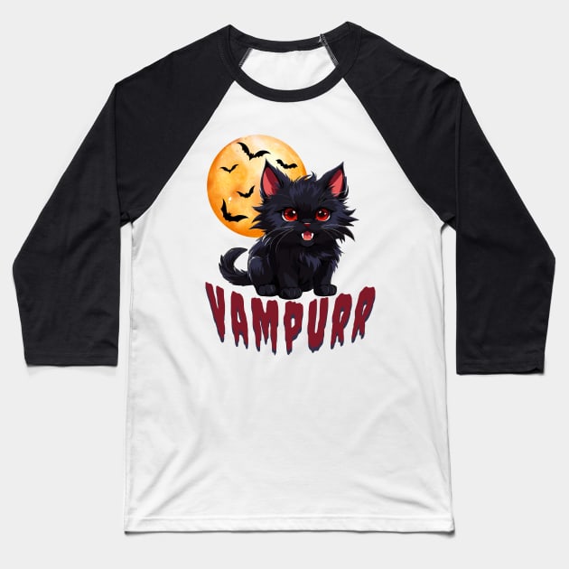 Vampurr the Cute Goth Vampire Kitty Baseball T-Shirt by NerdyWerks